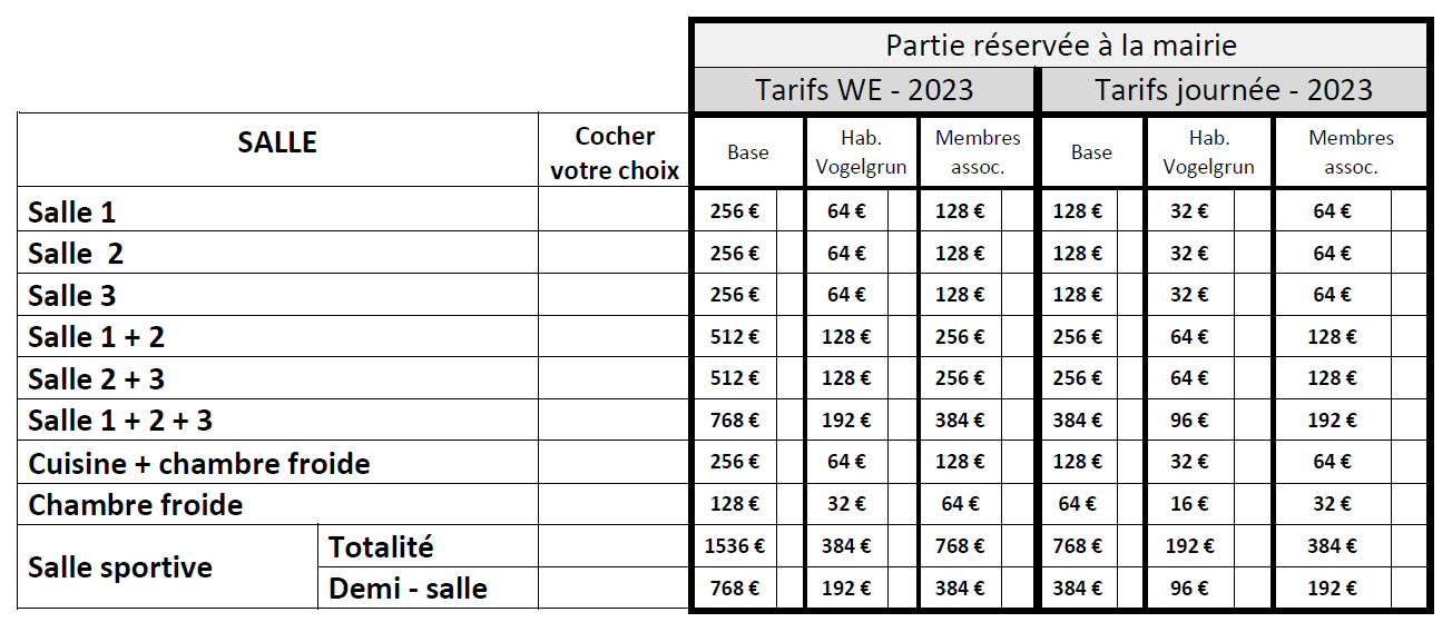 Tarifs Salle Polyvalente